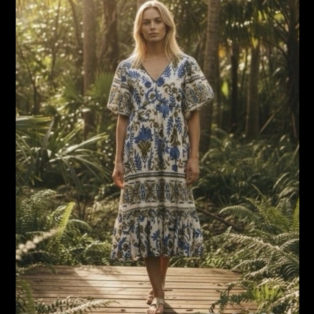 Fig & Flower Floral Bohemian Hippie Midi Dress Green Blue Sz L Anthropologie